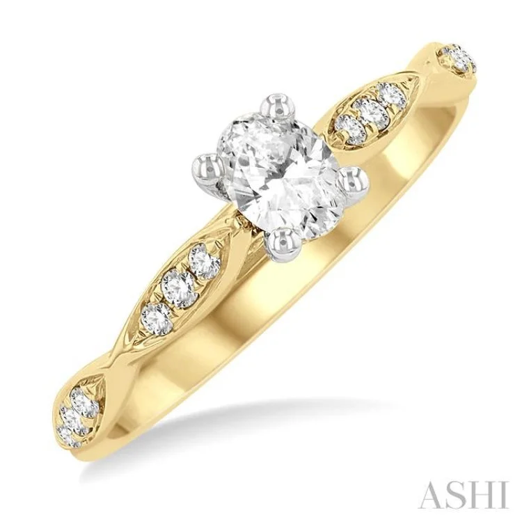 Ladies engagement rings gold designs-1/2 ctw Round & Oval Cut Diamond Engagement Ring With 1/3 ctw Oval Cut Center Stone in 14K Yellow and White Gold