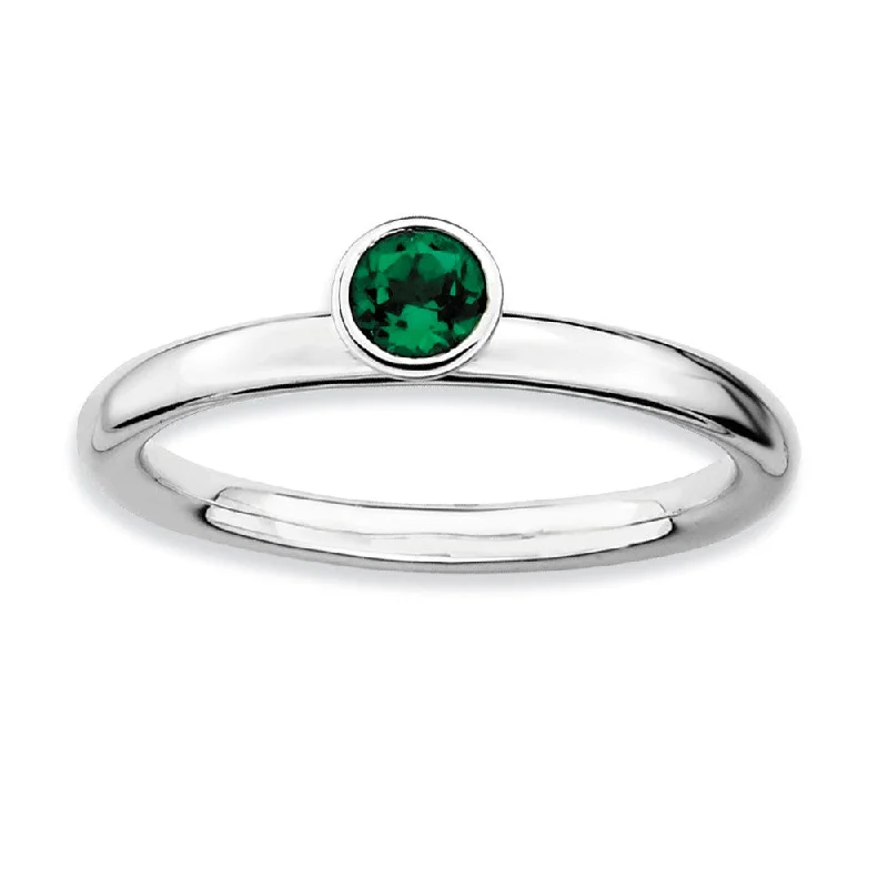 Ladies rings girlfriend surprises-Stackable High Profile 4mm Created Emerald Silver Ring