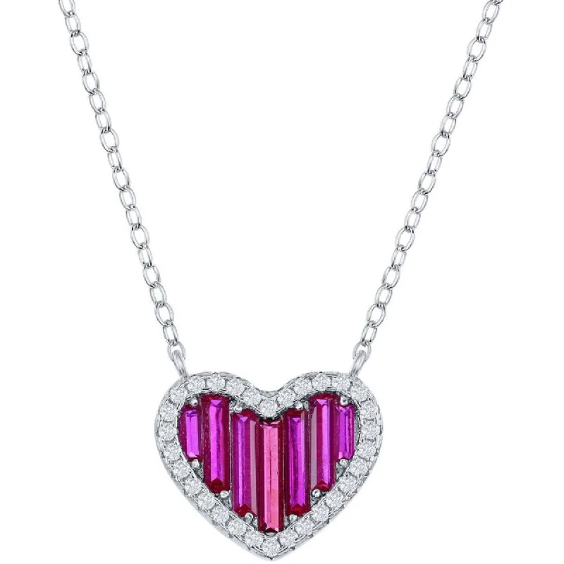 Ladies necklaces casual wear-Classic Women's Necklace - Sterling Ruby Round and White Baguette CZ Heart | M-6780