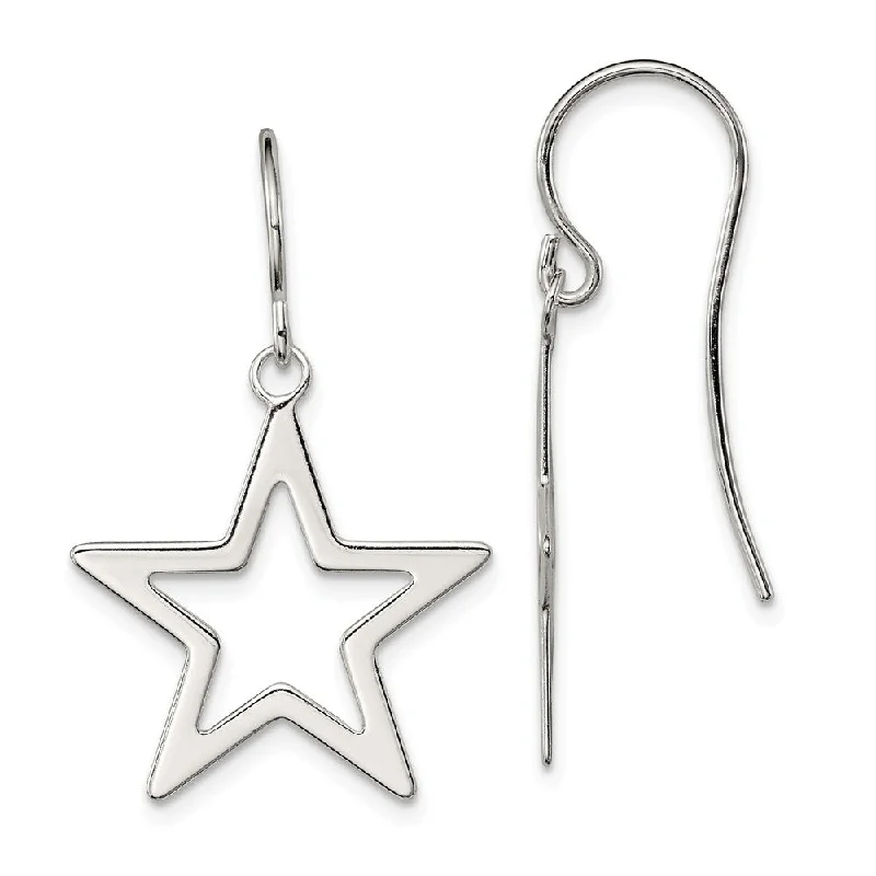 Ladies earrings artistic designs-20mm Polished Open Star Dangle Earrings in Sterling Silver