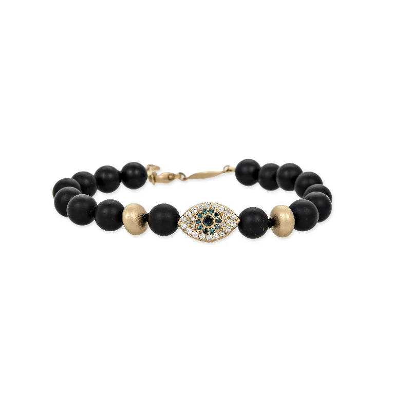 Ladies bracelets star-inspired-PAVE EYE AND SCARAB BEAD + GOLD AND BLACK HEMATITE BEADED STRETCH BRACELET