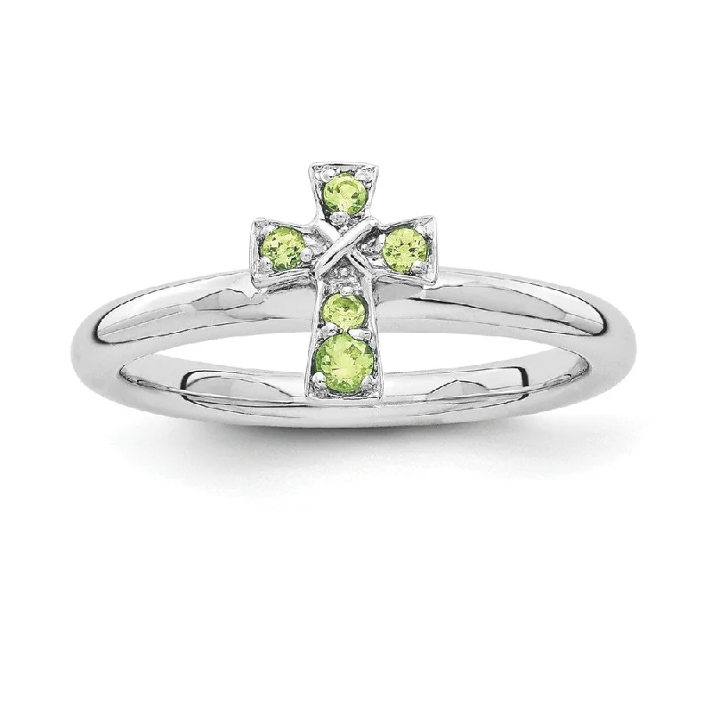 Ladies rings gold designs-Rhodium Plated Sterling Silver Stackable Peridot 9mm Cross Ring