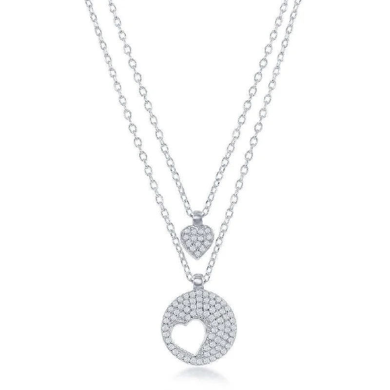 Ladies necklaces mom’s day-Sterling Silver Round Heart Cut-Out Double Strand Necklace