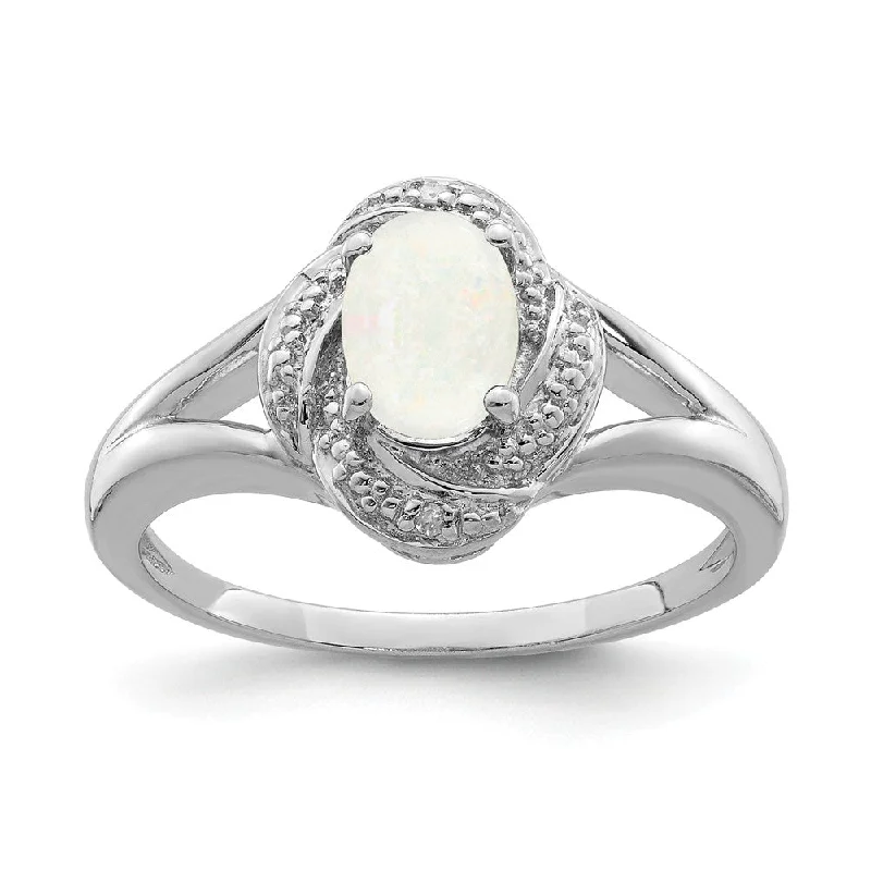 Ladies rings custom styles-Sterling Silver .01 Ctw (H-I, I2-13) Diamond & Oval Created Opal Ring