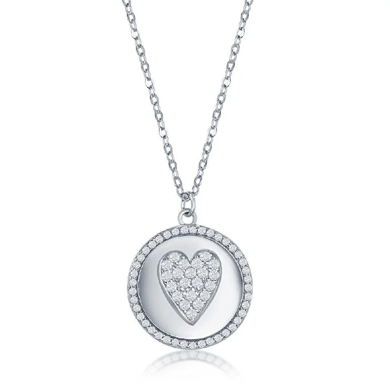 Ladies necklaces star styles-Sterlilng Silver Micro Pave CZ Disc Necklace - Heart