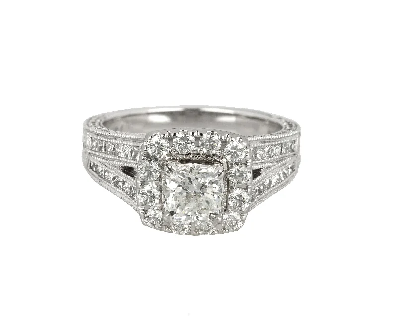 Ladies engagement rings Eastern charm-Modern 14K White Gold .55CT Radiant Cut Diamond Halo Split Shank Engagement Ring