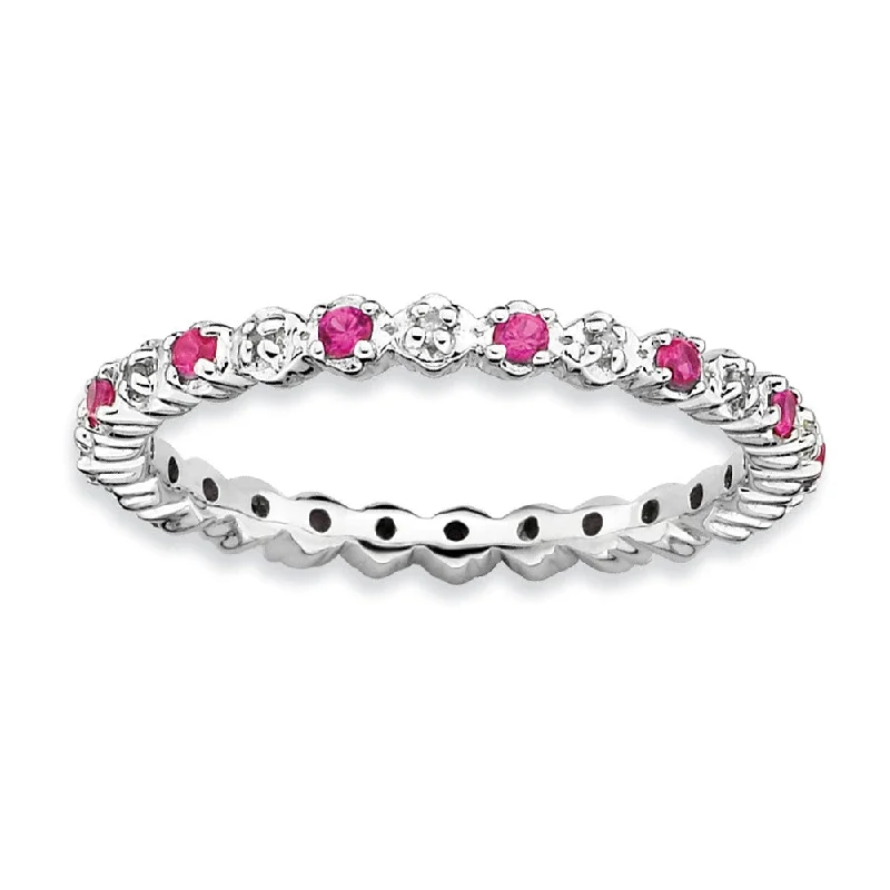 Ladies rings index finger-2.25mm Created Ruby & .04 Cttw Diamond Sterling Silver Stack Band