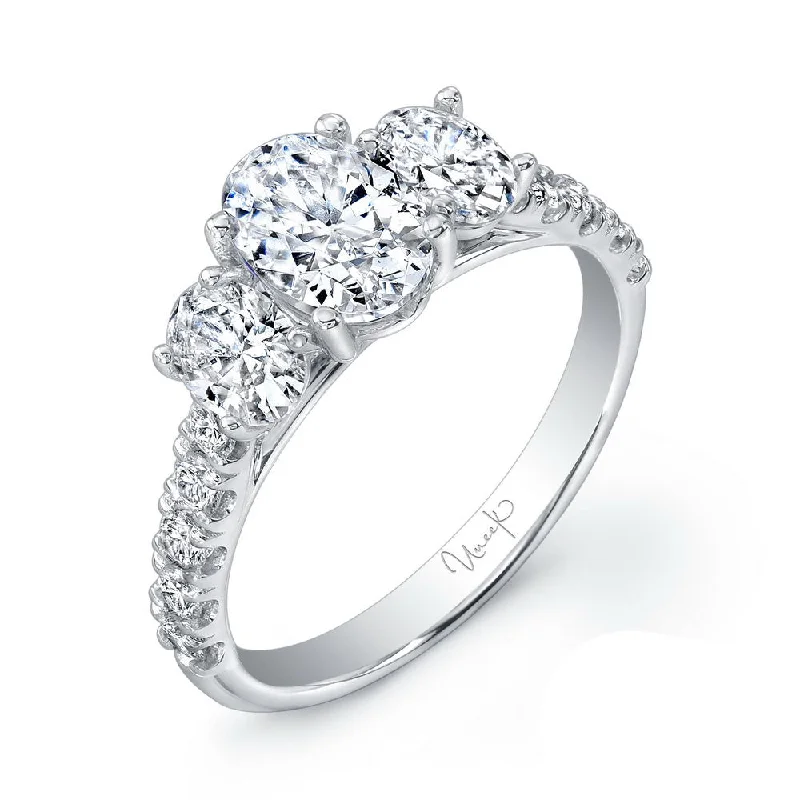 Ladies engagement rings bespoke options-Uneek Oval Diamond Three-Stone Engagement Ring with Pave Upper Shank