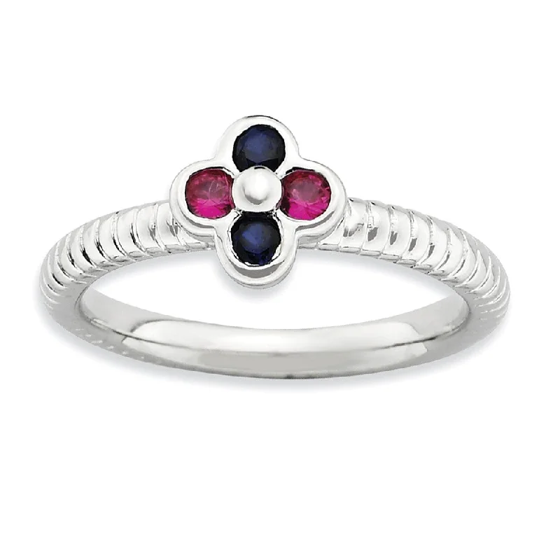 Ladies rings colorful gems-Sterling Silver Created Ruby & Created Sapphire 7mm Flower Stack Ring