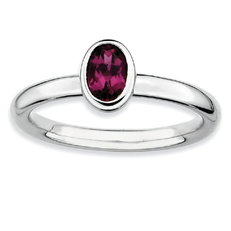 Ladies rings e-commerce sites-Silver Stackable Oval Rhodolite Garnet Solitaire Ring