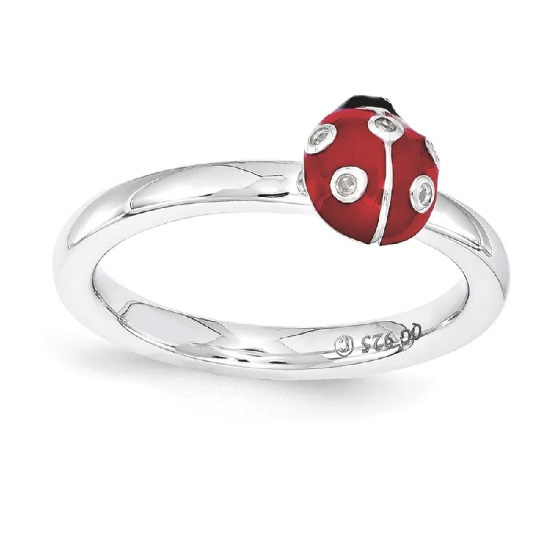 Ladies rings sapphire stones-Sterling Silver Stackable Enamel .015Ctw Diamond 7mm Ladybug Ring