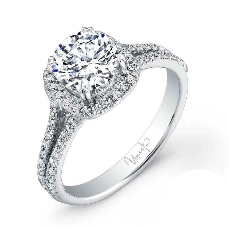 Ladies engagement rings edgy flair-Uneek Round-Diamond-on-Cushion-Halo Engagement Ring with Split Upper Shank