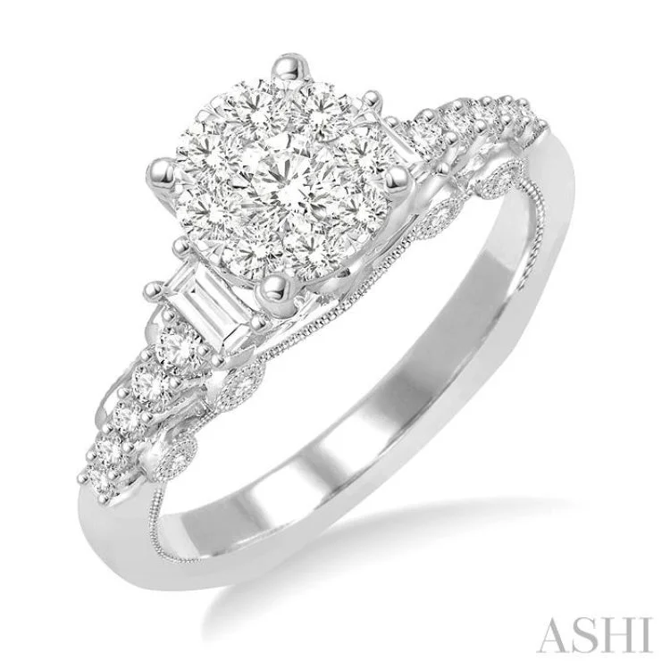 Ladies engagement rings viral styles-3/4 Ctw Round and Baguette Diamond Lovebright Engagement Ring in 14K White Gold