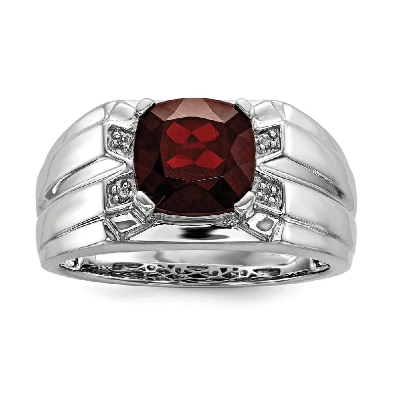 Ladies rings pearl details-Cushion Cut Garnet & Diamond Tapered Ring in Sterling Silver