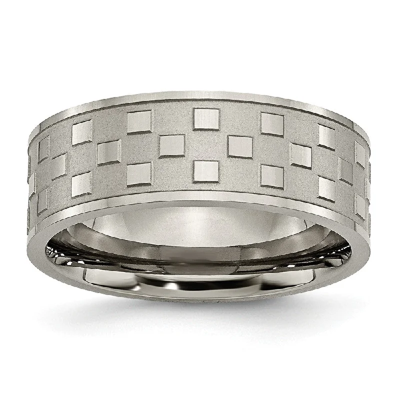 Ladies rings online shopping-Titanium 8mm Satin and Polished Checkered Comfort Fit Band