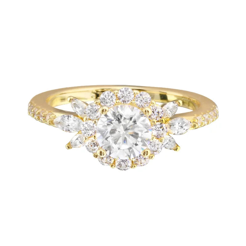 Ladies engagement rings bold styles-Round Diamond and Floral Halo Engagement Ring