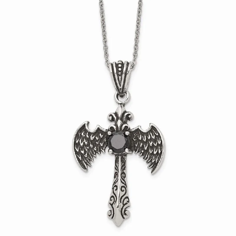 Ladies necklaces work wear-Stainless Steel Antiqued and Polished w/ Black CZ Cross Necklace