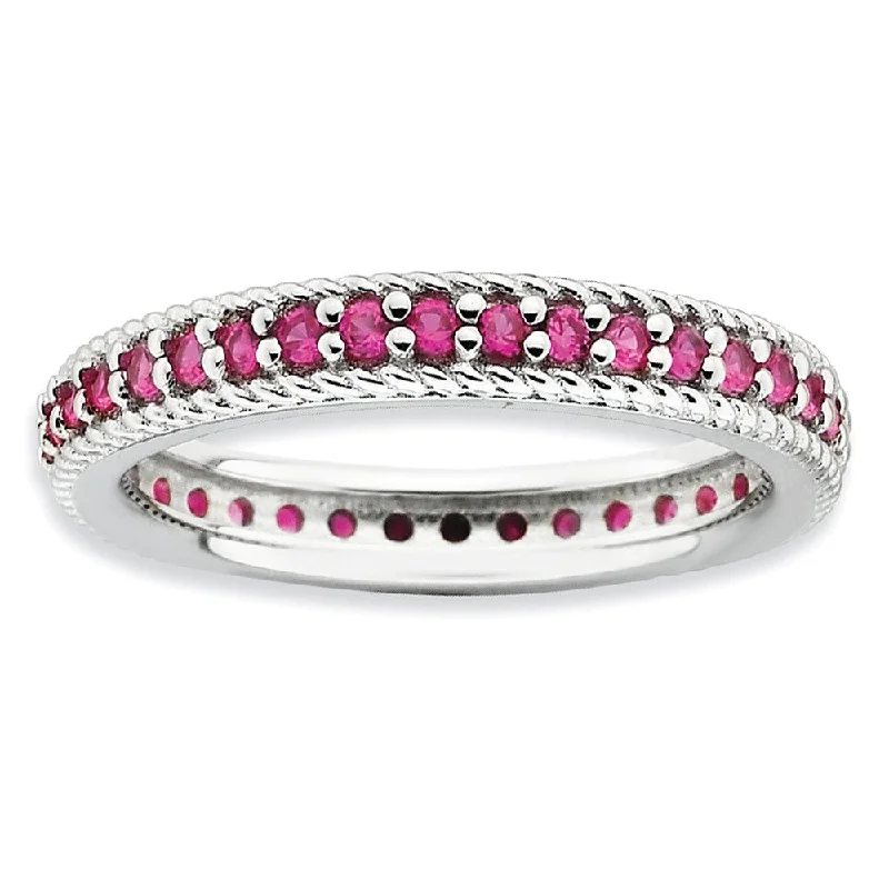 Ladies rings ethnic patterns-3.25mm Sterling Silver Stackable Created Ruby Eternity Ring