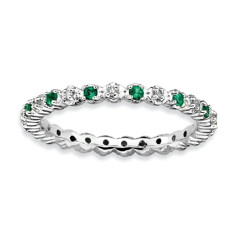 Ladies rings vintage appeal-2.25mm Stackable Created Emerald & .04 Ctw HI/I3 Diamond Silver Band