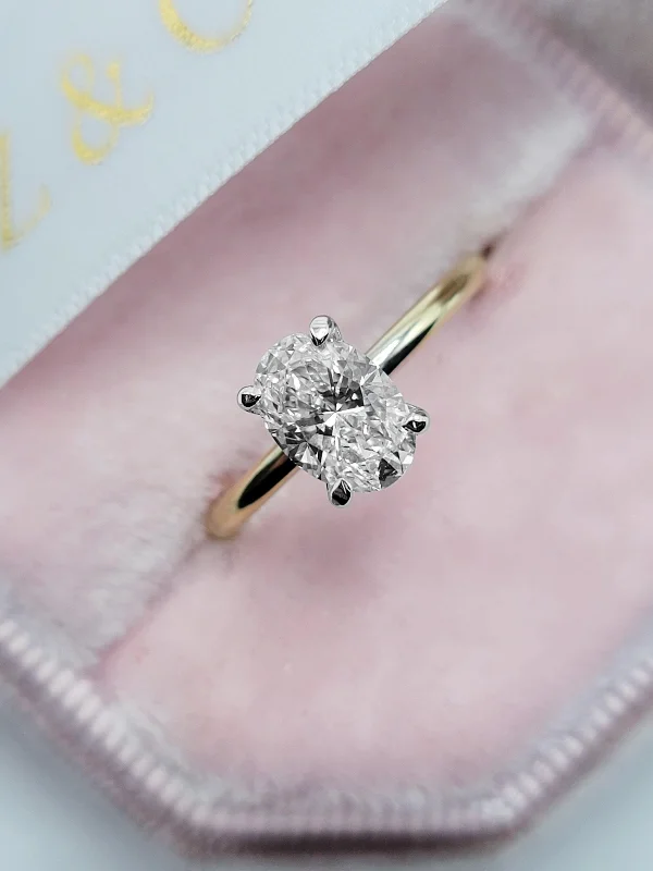 Ladies engagement rings lavish appeal-1.15 Carats Lab Grown Oval Cut Two Tone Solitaire Hidden Halo Diamond Engagement Ring