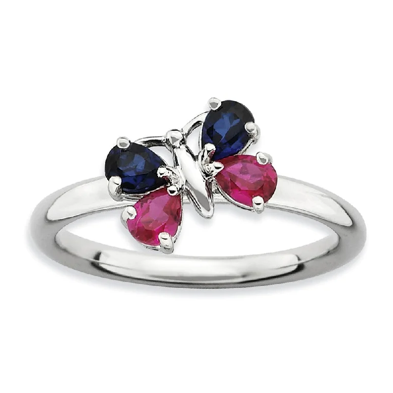 Ladies rings 2025 trends-Stackable Created Sapphire & Created Ruby Butterfly Silver Ring