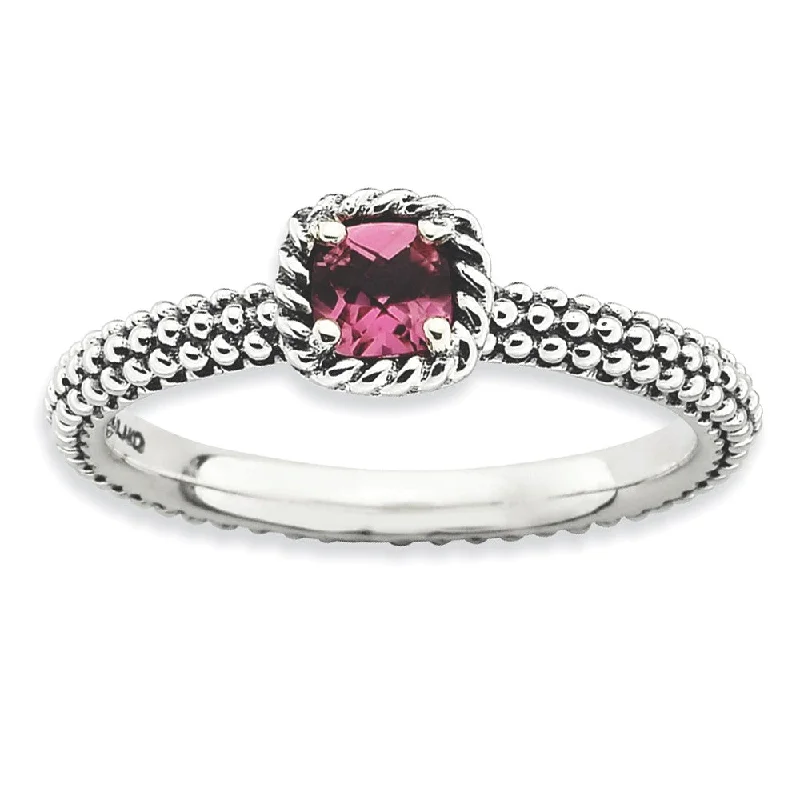 Ladies rings custom styles-Antiqued Sterling Silver Stackable Pink Tourmaline Ring