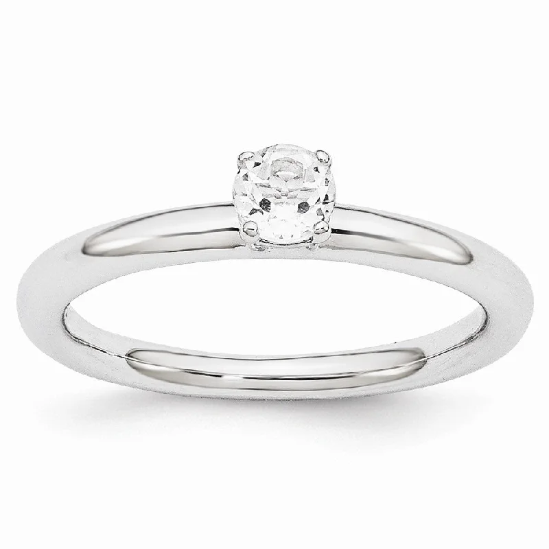 Ladies rings cute looks-Rhodium Plated Sterling Silver Stackable 4mm Round White Topaz Ring