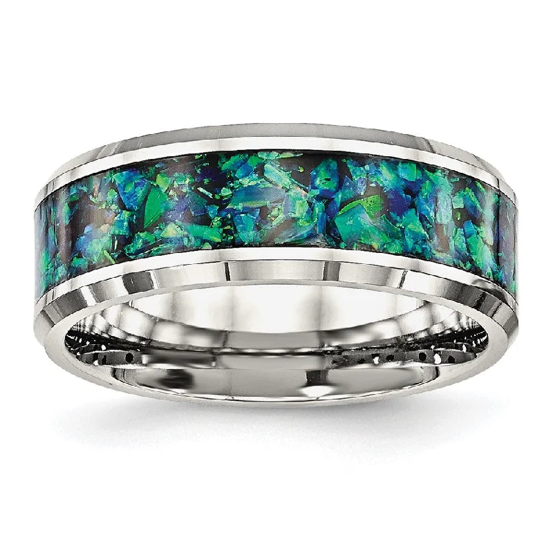 Ladies rings animal themes-8mm Stainless Steel Blue Imitation Opal Inlay Comfort Fit Band