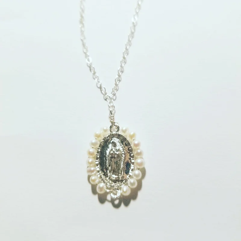 Ladies necklaces refined appeal-Virgen de Guadalupe Pearl Charm Necklace