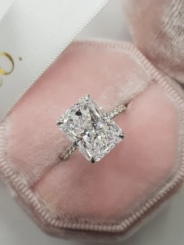 Ladies engagement rings designer pieces-4.55 Carats Radiant Cut Micropaved Side Stones Hidden Halo Diamond Engagement Ring