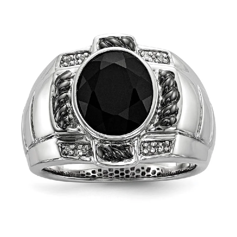 Ladies rings elegant styles-Oval Black Onyx & Diamond Two Tone Sterling Silver Tapered Ring