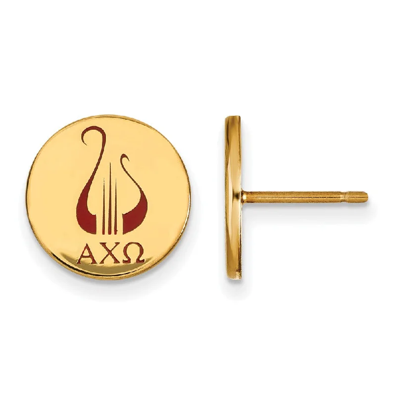 Ladies earrings name engravings-14K Plated Silver Alpha Chi Omega Enamel Post Earrings