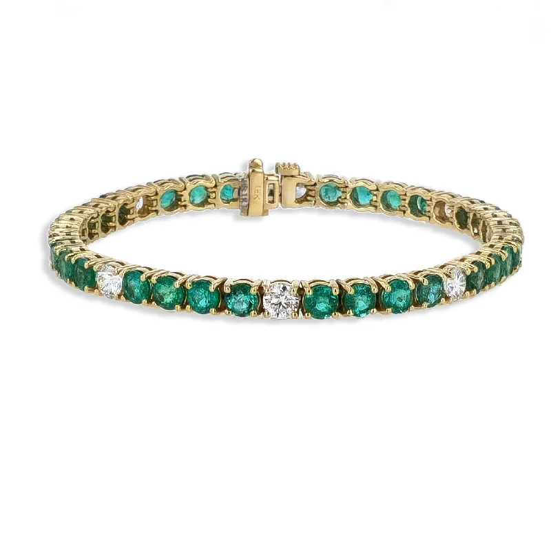 Ladies bracelets plated gold-Emerald and Diamond Yellow Gold Tennis Bracelet