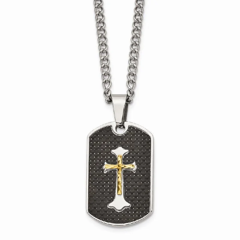 Ladies necklaces rose gold-Stainless Steel Carbon Fiber Inlay Gold IP-plated D/C Cross Necklace