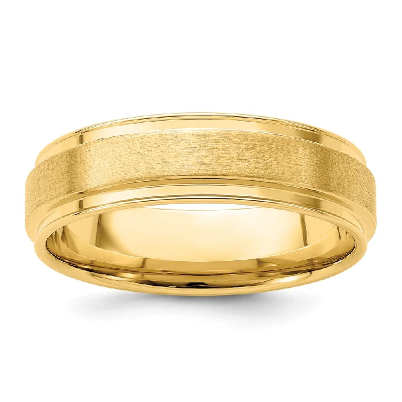 Ladies rings jade accents-6mm 14K Yellow Gold Brushed Flat Ridged Edge Comfort Fit Band