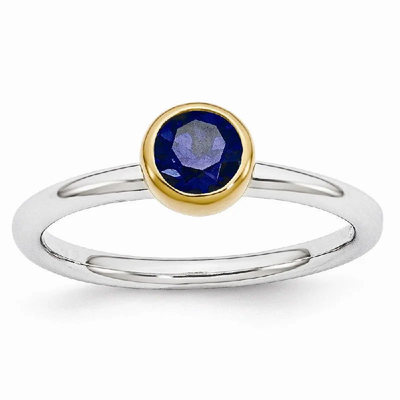 Ladies rings Valentine’s Day-Two Tone Sterling Silver Stackable 5mm Round Created Sapphire Ring