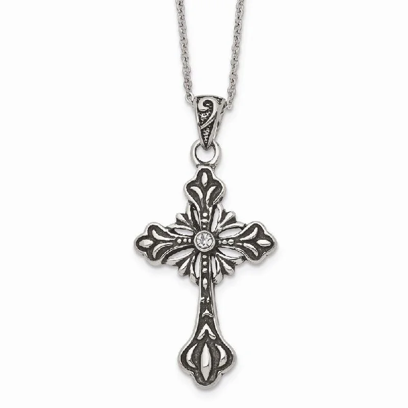 Ladies necklaces standout pieces-Stainless Steel Antiqued and Polished w/Crystal Cross Necklace