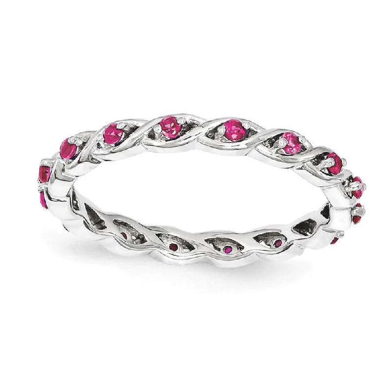 Ladies rings gothic appeal-2.5mm Rhodium Plated Sterling Silver Stackable Created Ruby Twist Band