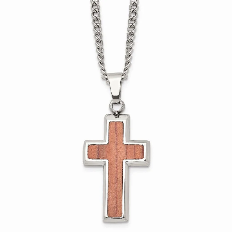 Ladies necklaces white gold-Stainless Steel Polished Wood Inlay Cross Necklace