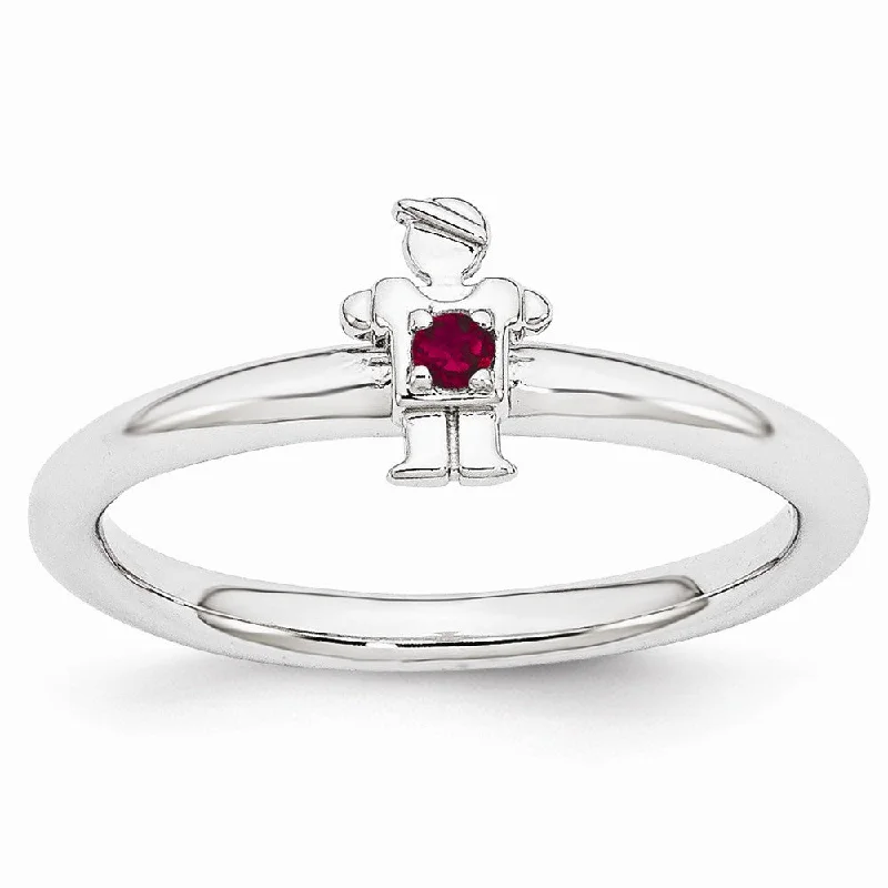 Ladies rings luxury brands-Rhodium Plated Sterling Silver Stackable Created Ruby 7mm Boy Ring