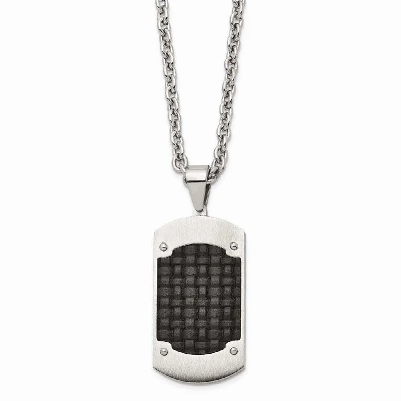 Ladies necklaces playful styles-Stainless Steel Brushed Black Leather Dogtag Necklace