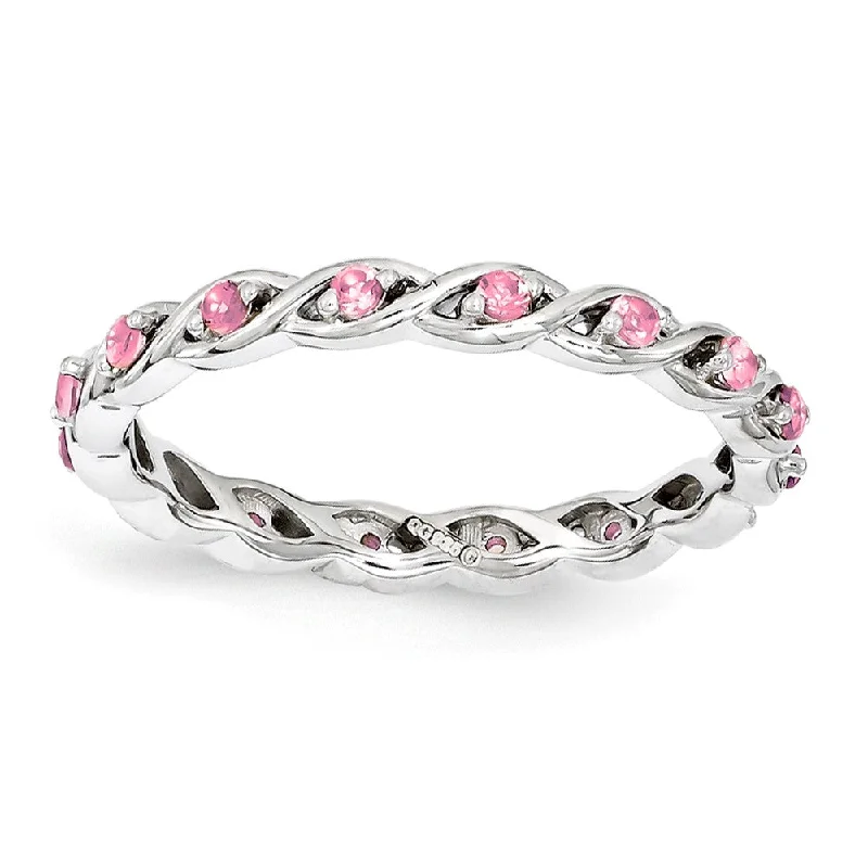 Ladies rings gothic appeal-2.5mm Rhodium Sterling Silver Stackable Cr. Pink Sapphire Twist Band