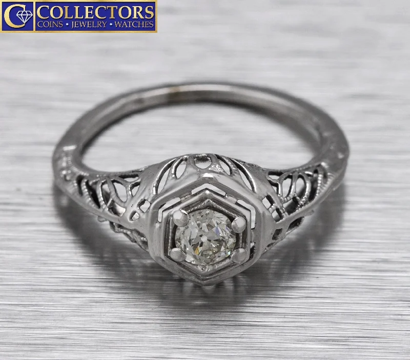 Ladies engagement rings investment pieces-Antique Art Deco 14K White Gold 0.25ct Diamond Filigree Engagement Ring