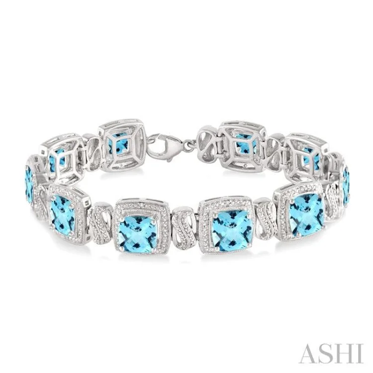 Ladies bracelets boho vibes-7x7 mm Cushion Cut Blue Topaz and 1/10 Ctw Single Cut Diamond Square Shape Bracelet in Sterling Silver