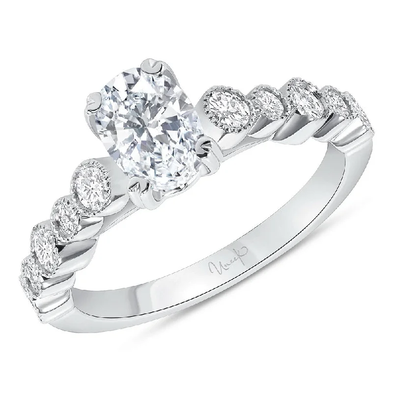 Ladies engagement rings engraved names-Uneek Us Collection Straight Oval Shaped Engagement Ring