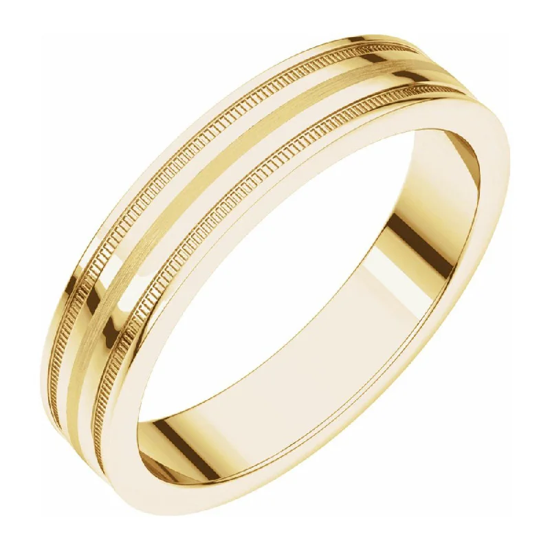 Ladies rings latest styles-4mm 14K Yellow Gold Flat Edge Satin Center Milgrain Comfort Fit Band