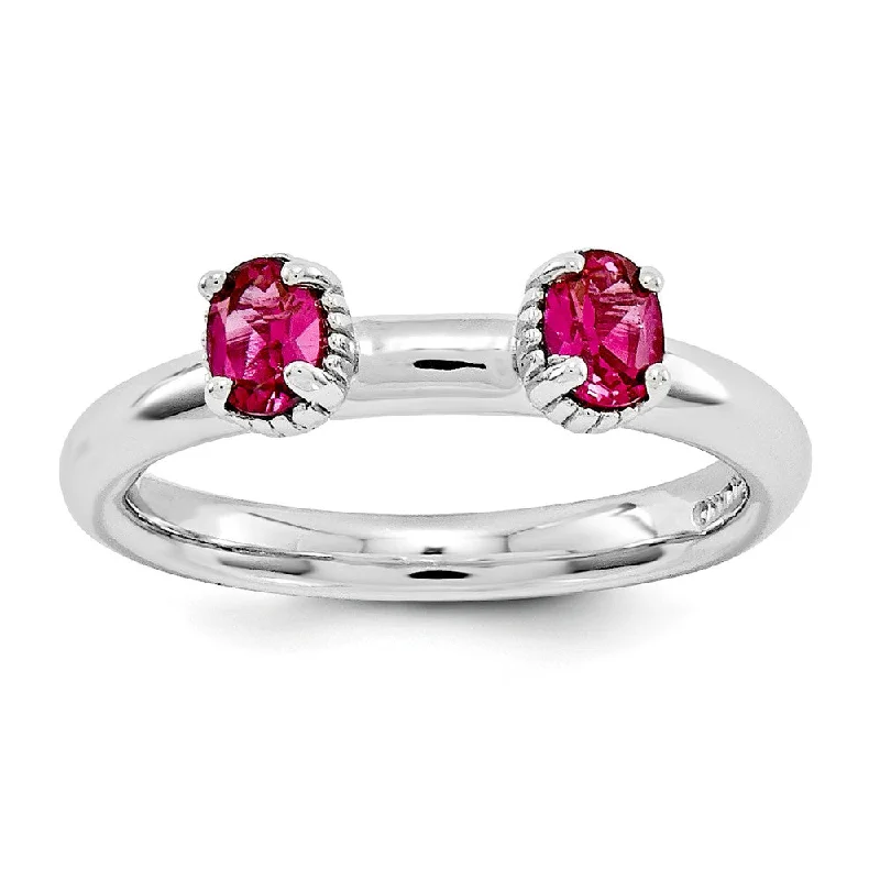 Ladies rings affordable picks-Sterling Silver Stackable Created Ruby Oval Two Stone Ring