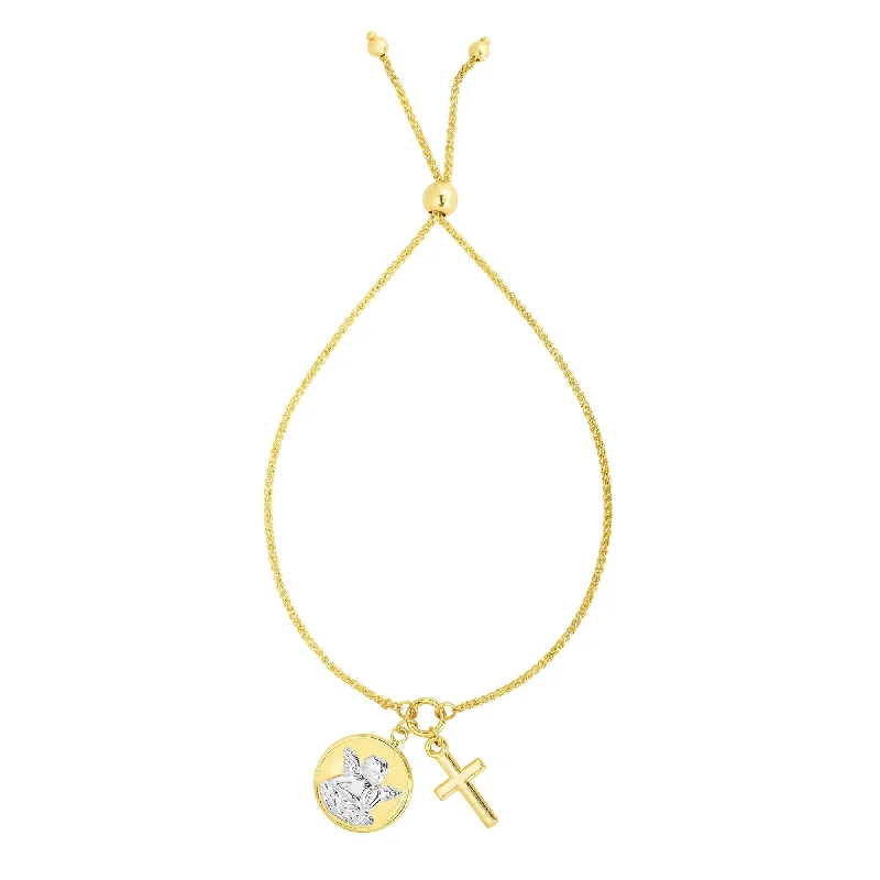 Ladies bracelets steel choices-14kt Gold 9.25 inches Yellow+White Finish Chain:1mm+Pendant:20x14mm Shiny Cross Adjustable Friendship Bracelet with Draw String Clasp