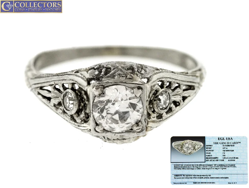 Ladies engagement rings bold styles-Ladies Antique Art Deco 18K White Gold 0.63ctw Diamond Engagement Ring EGL