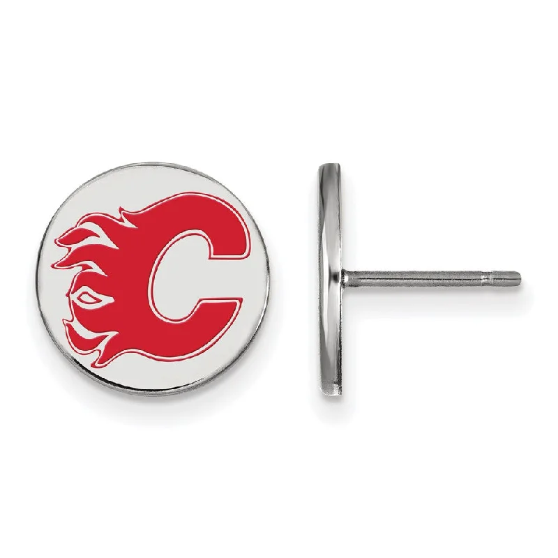 Ladies earrings artistic designs-Sterling Silver NHL Flames Small Enamel Disc Post Earrings